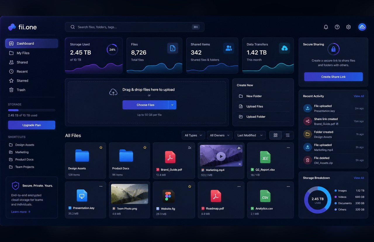 fii.one cloud storage dashboard preview — dark mode interface showing file management and sharing features
