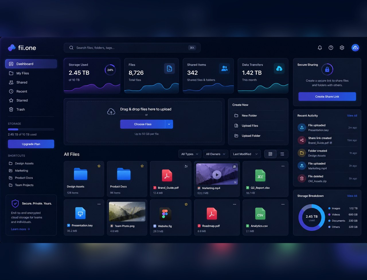 fii.one desktop dashboard — light mode showing file storage, sharing links, and media preview